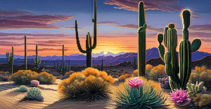 A desert landscape at dusk with a small peyote cactus in the foreground, surrounded by golden sands and a colorful sky.