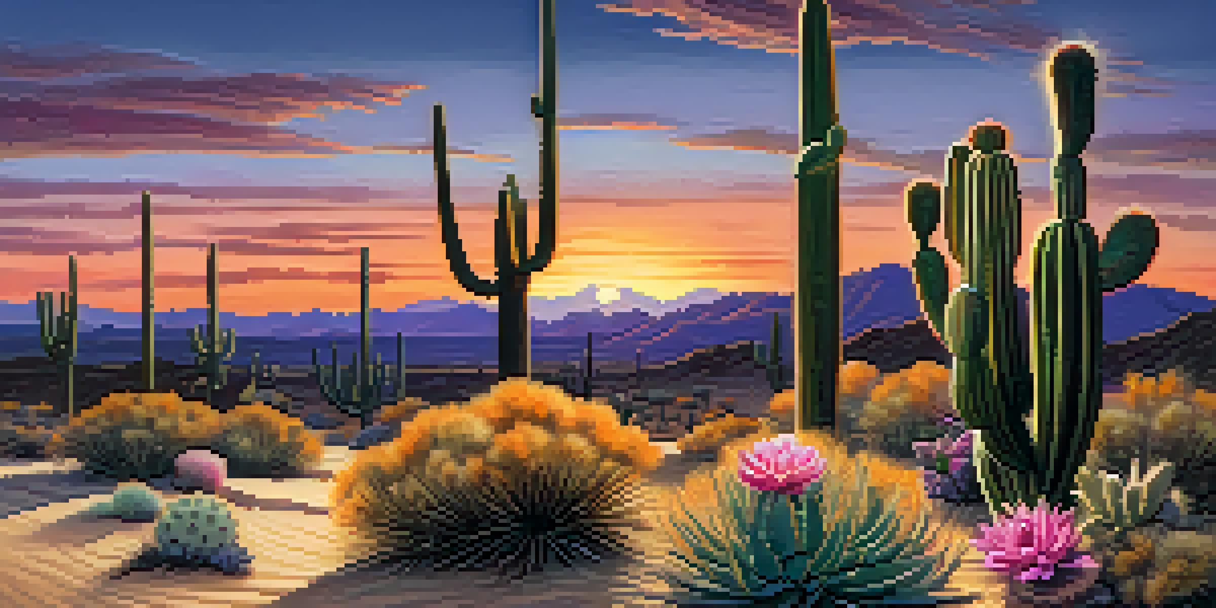 A desert landscape at dusk with a small peyote cactus in the foreground, surrounded by golden sands and a colorful sky.