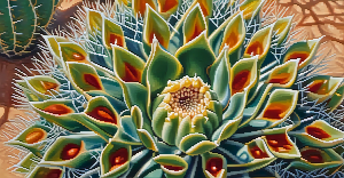 A detailed close-up of a Peyote cactus with vibrant colors and intricate patterns, set in a blurred desert background with warm sunlight.