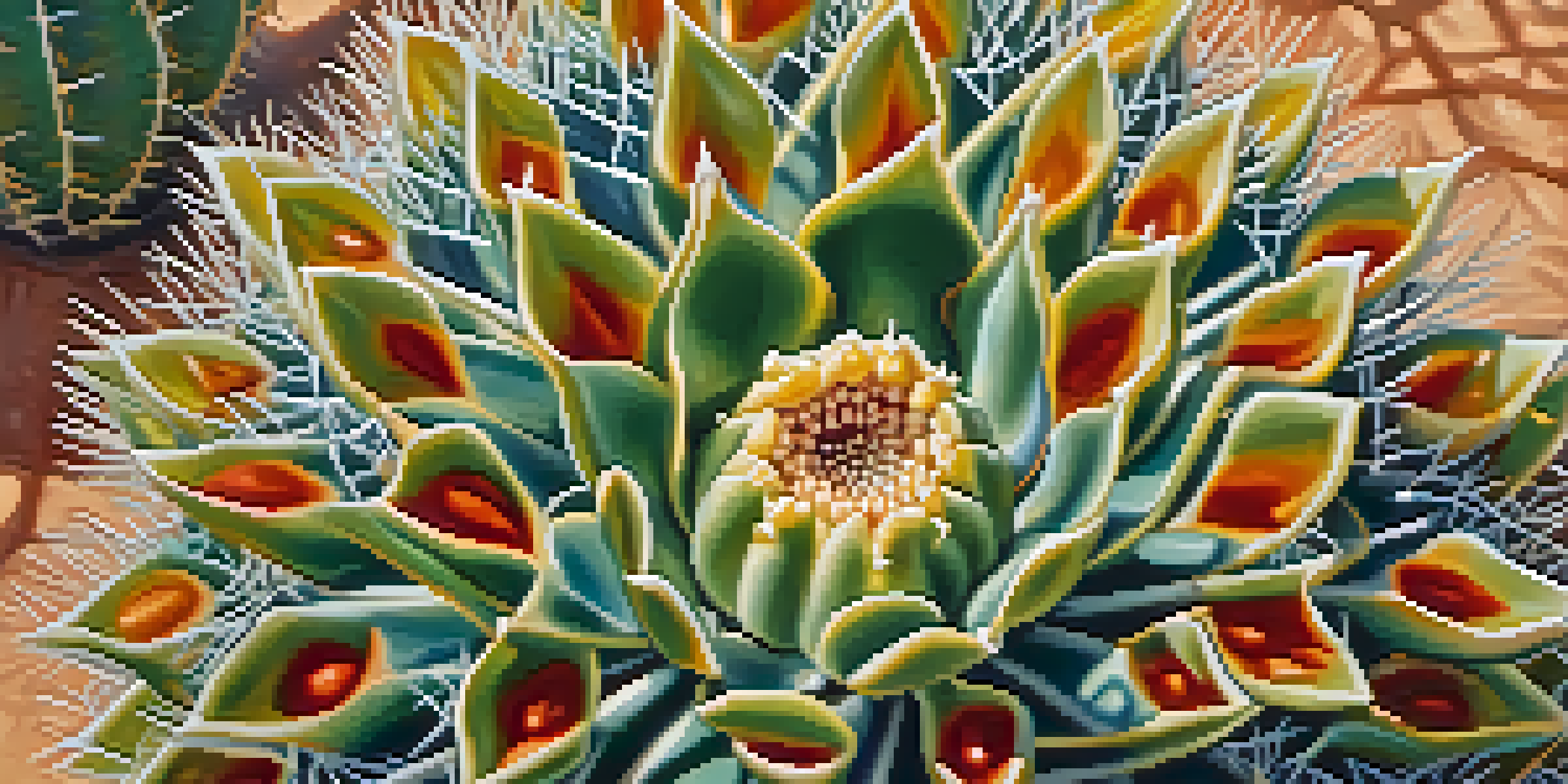A detailed close-up of a Peyote cactus with vibrant colors and intricate patterns, set in a blurred desert background with warm sunlight.