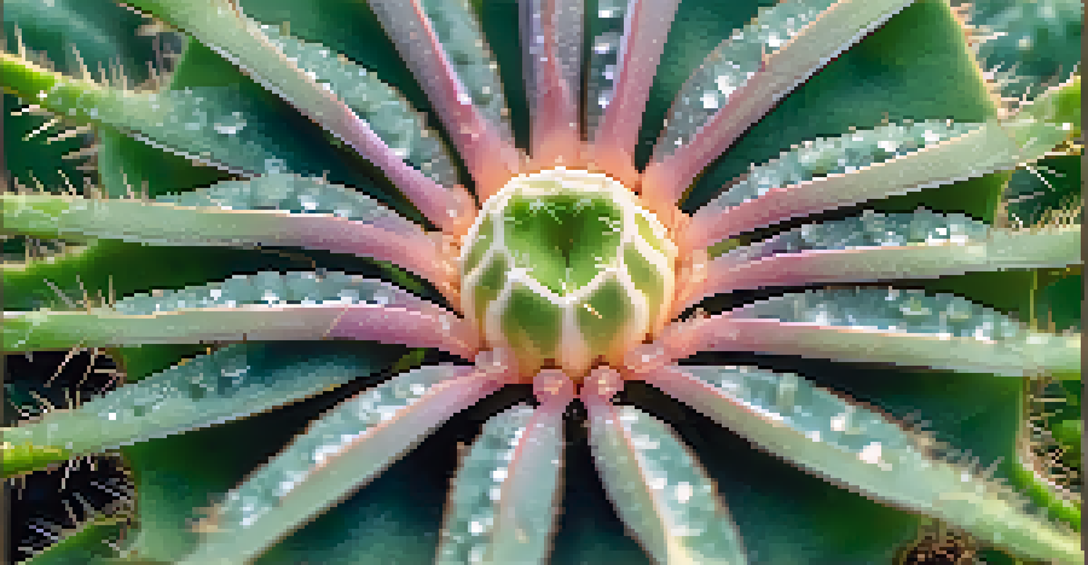 A close-up of a peyote cactus with dew drops in the morning light, highlighting its unique shape and spines against a blurred green background.