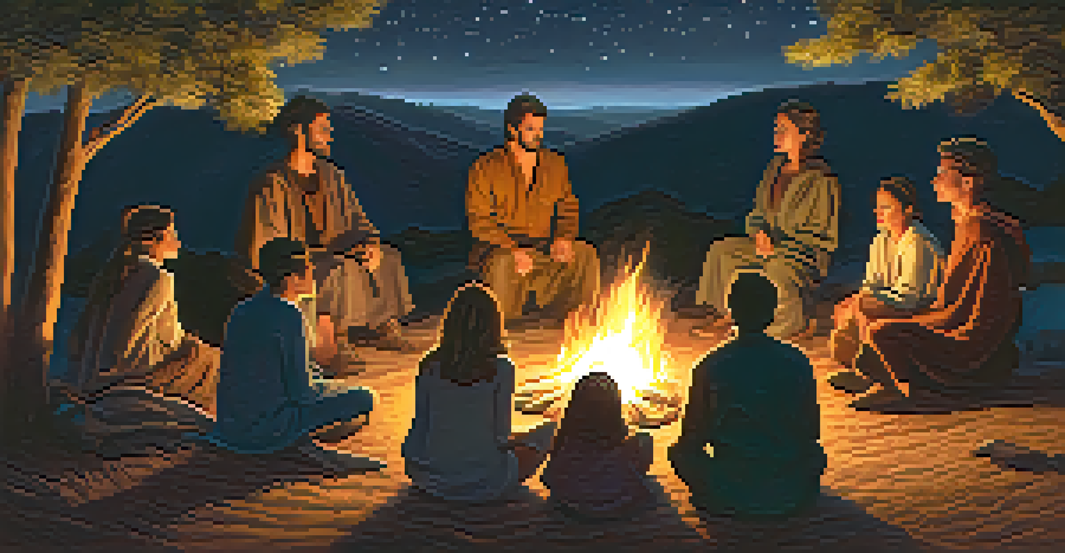 A group of people around a campfire at night, engaged in a spiritual ceremony under a starry sky.