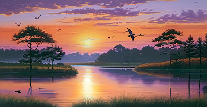 A beautiful sunset over a calm lake with silhouetted trees, warm colors in the sky reflected in the water.