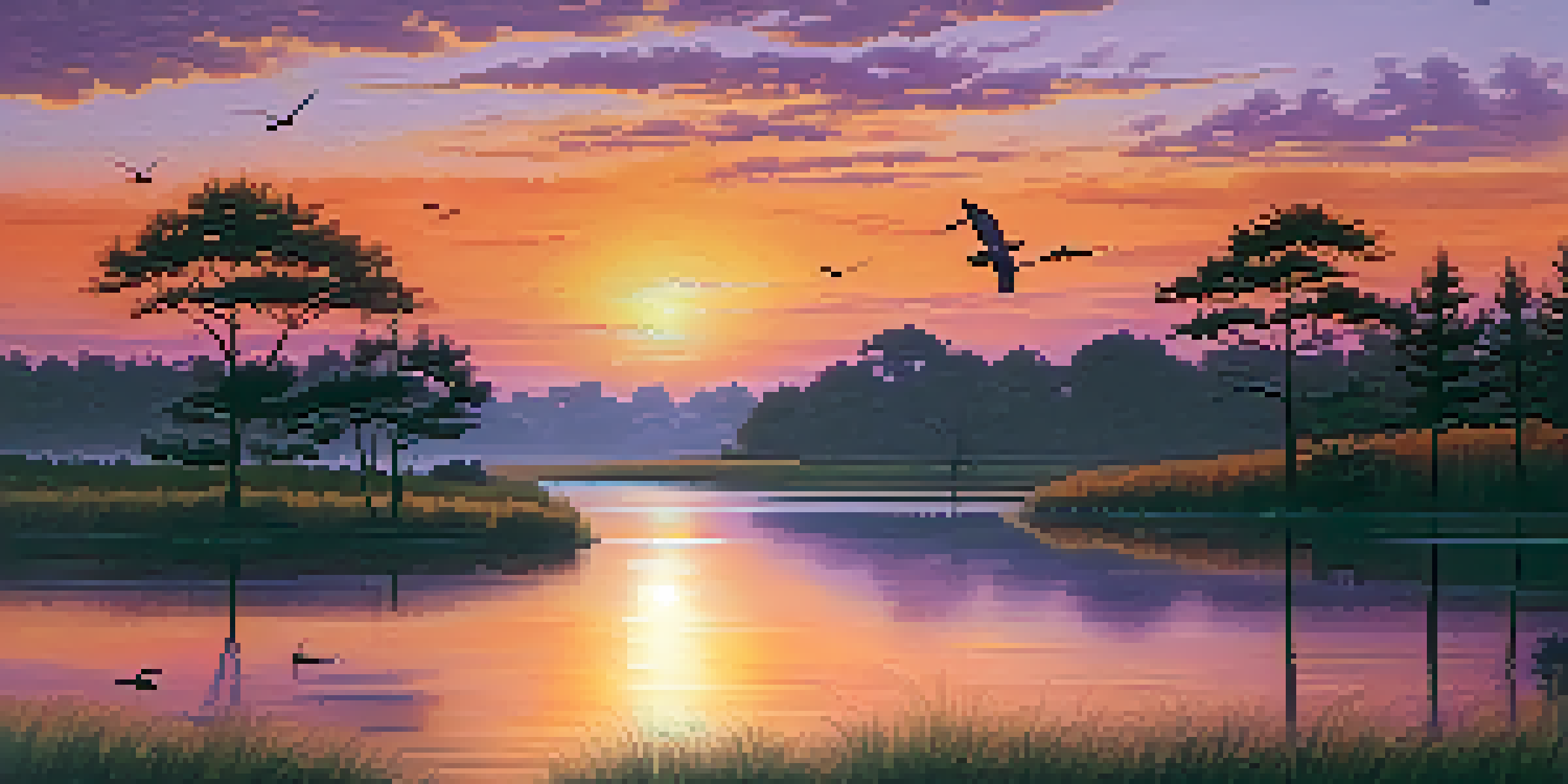 A beautiful sunset over a calm lake with silhouetted trees, warm colors in the sky reflected in the water.
