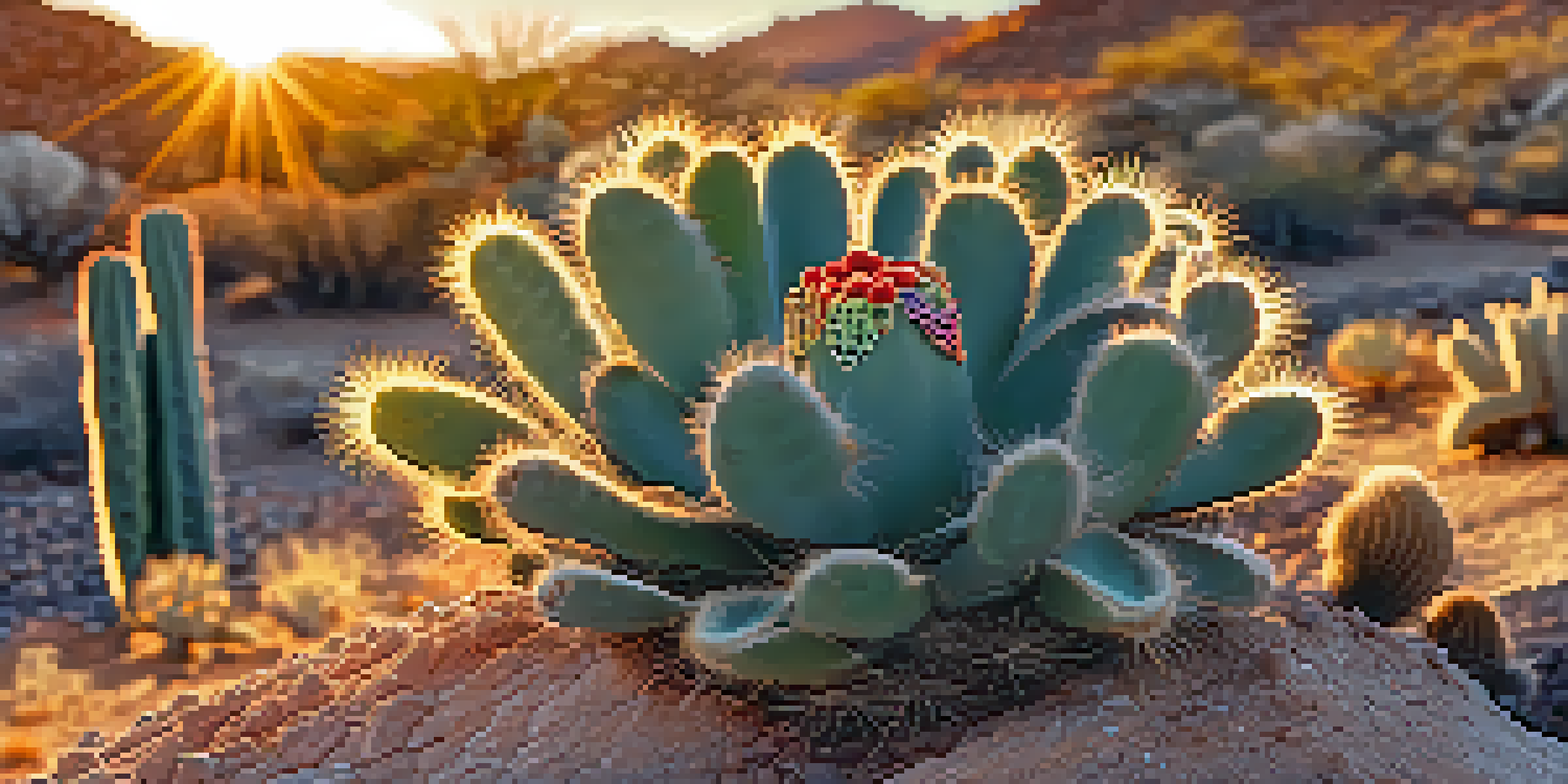 A detailed close-up of a peyote cactus in a desert environment, illuminated by the warm light of the setting sun.