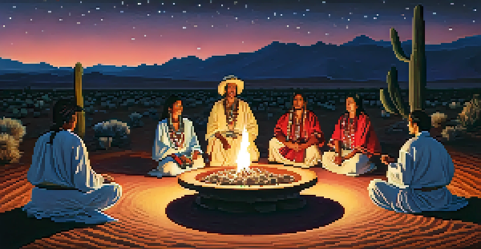 A Peyote ceremony at dusk with participants in traditional clothing sitting around a fire in a desert landscape under a starry sky.