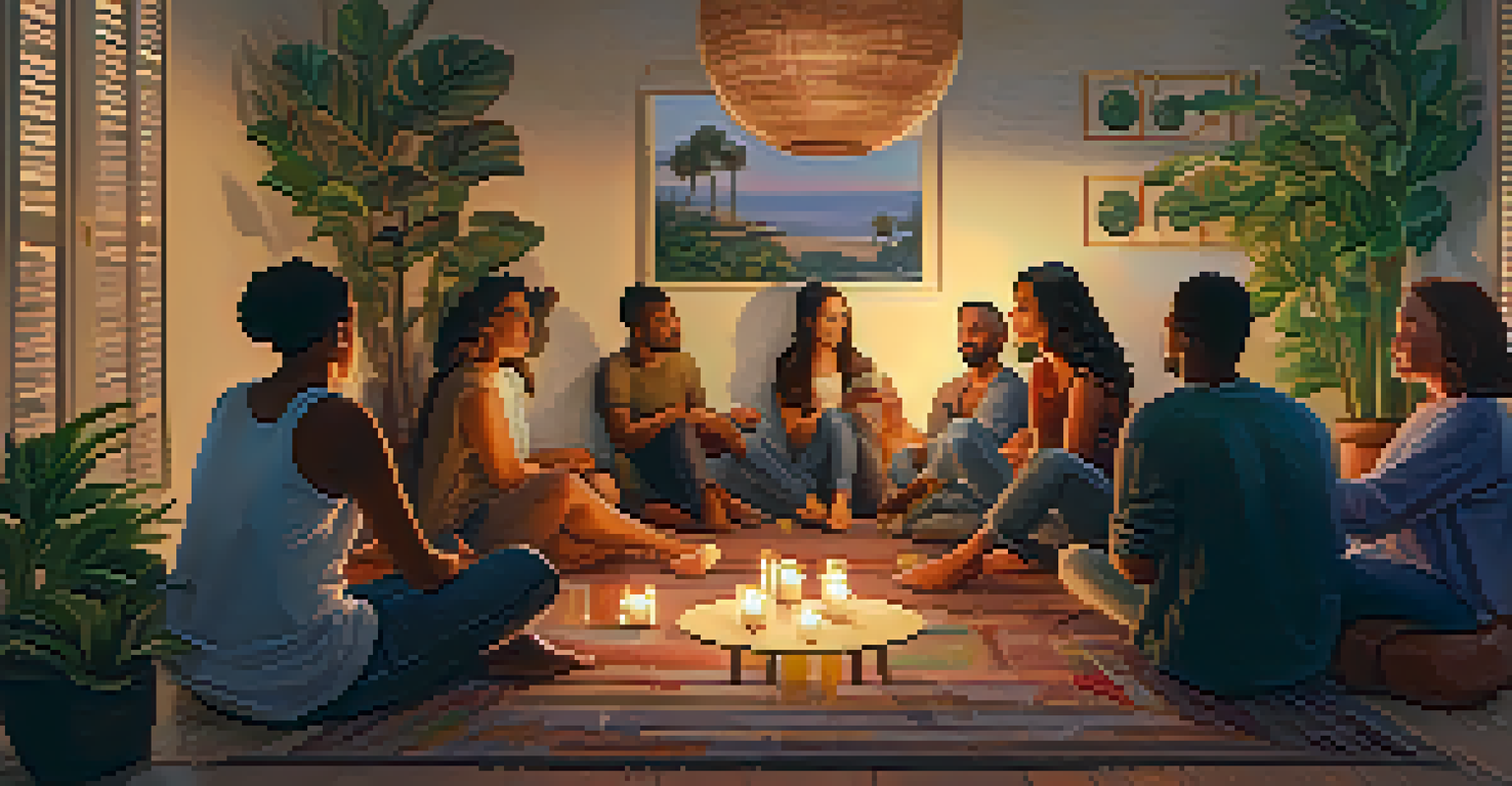 A group of individuals sitting in a circle in a candle-lit room, discussing and sharing their experiences with warm expressions and colorful artwork around them.