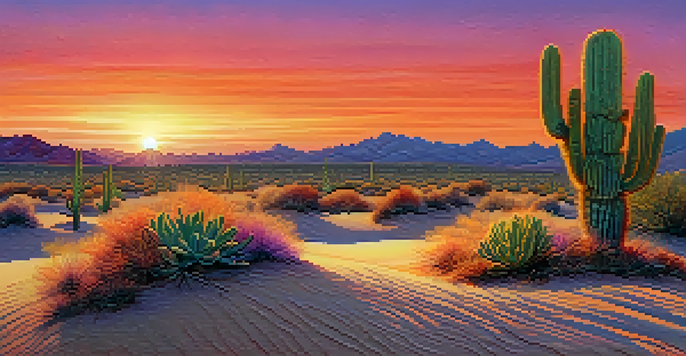 A tranquil desert scene with a small peyote cactus under a colorful sunset sky, surrounded by sand dunes.