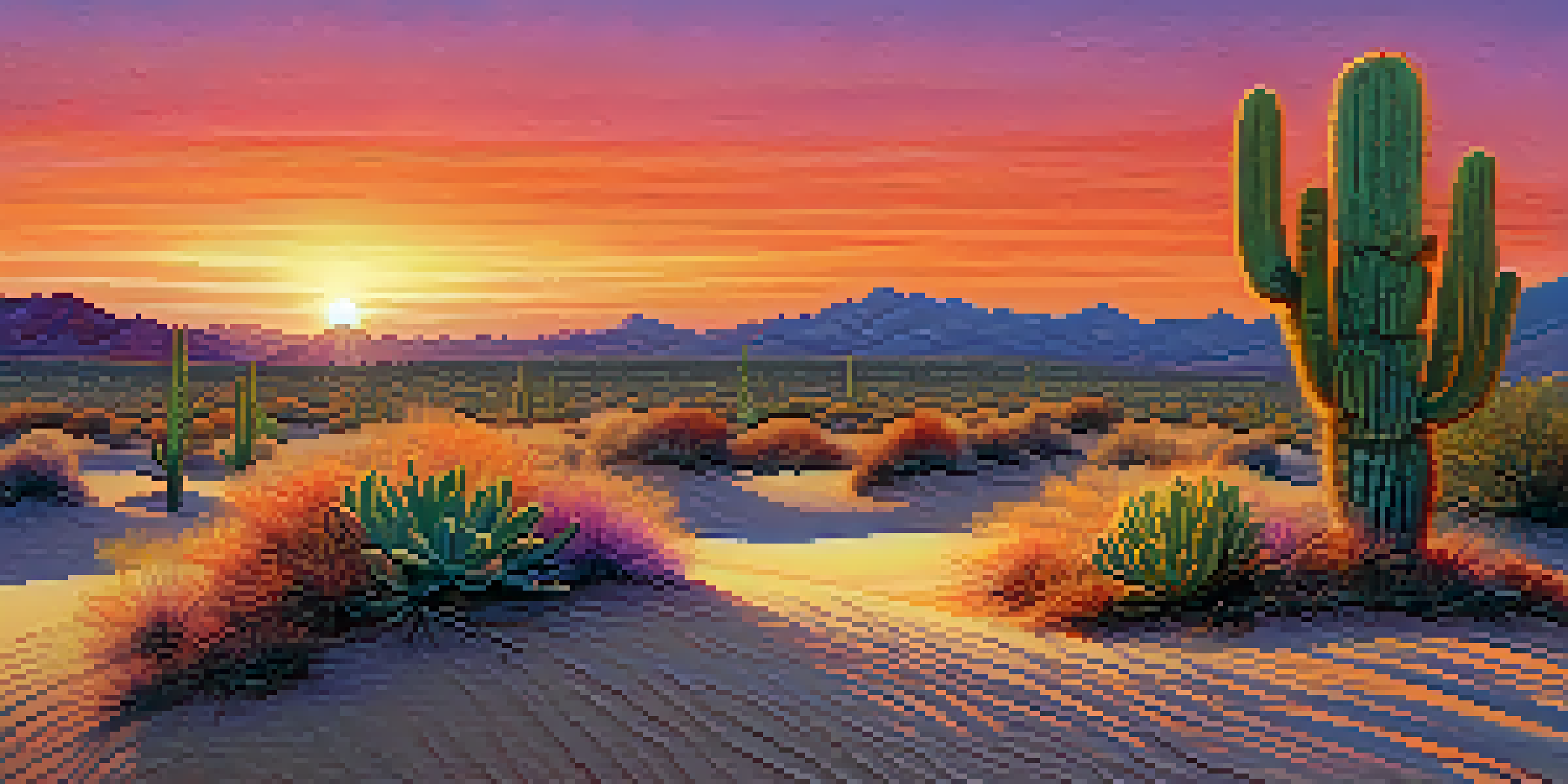 A tranquil desert scene with a small peyote cactus under a colorful sunset sky, surrounded by sand dunes.