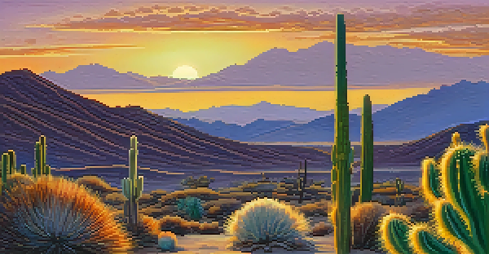 A close-up of a peyote cactus in a desert landscape during sunset, with warm colors in the sky and rolling hills in the background.