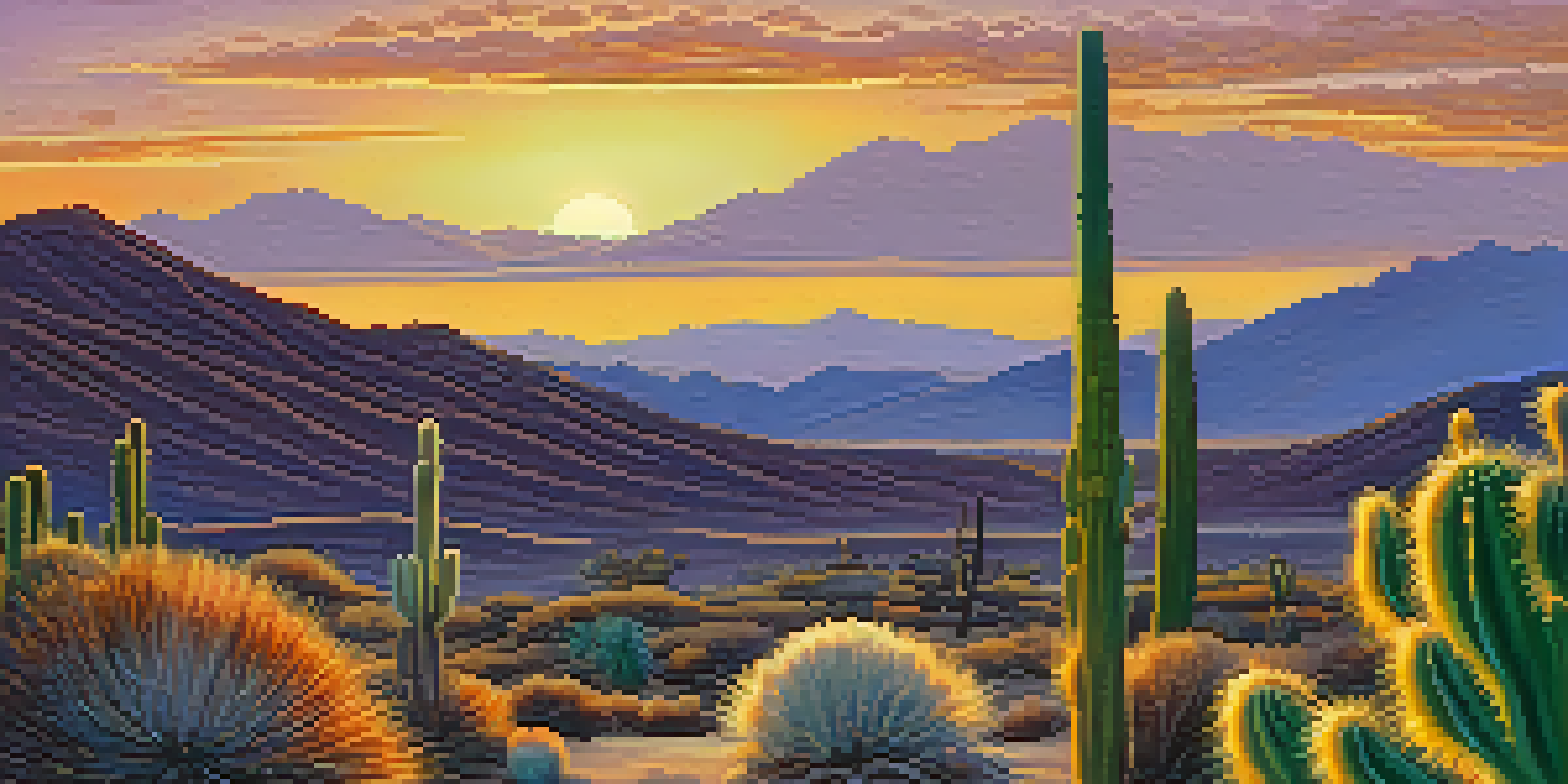 A close-up of a peyote cactus in a desert landscape during sunset, with warm colors in the sky and rolling hills in the background.