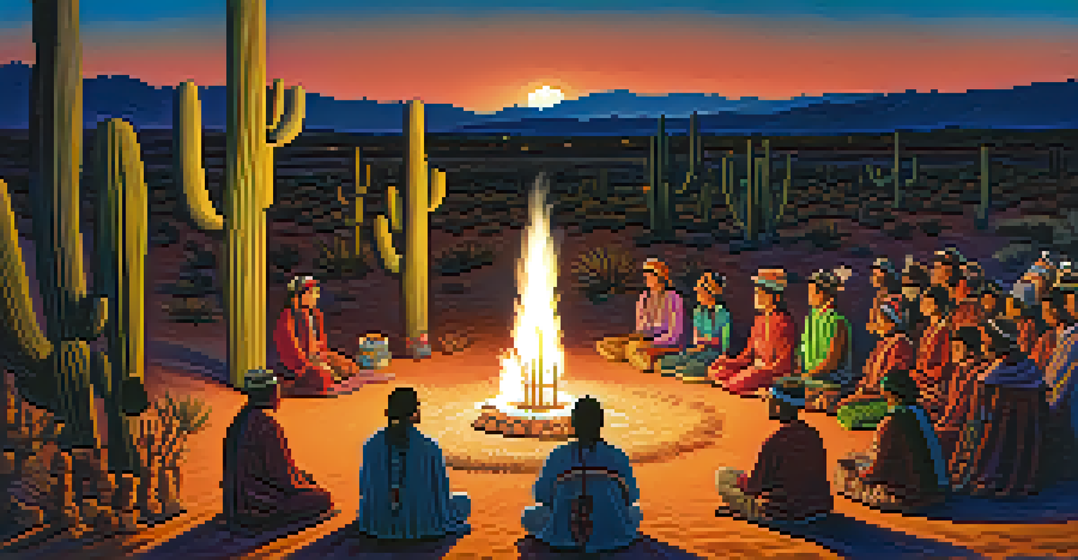 An Indigenous ceremony at night with participants around a peyote cactus, warm firelight, and colorful traditional garments.