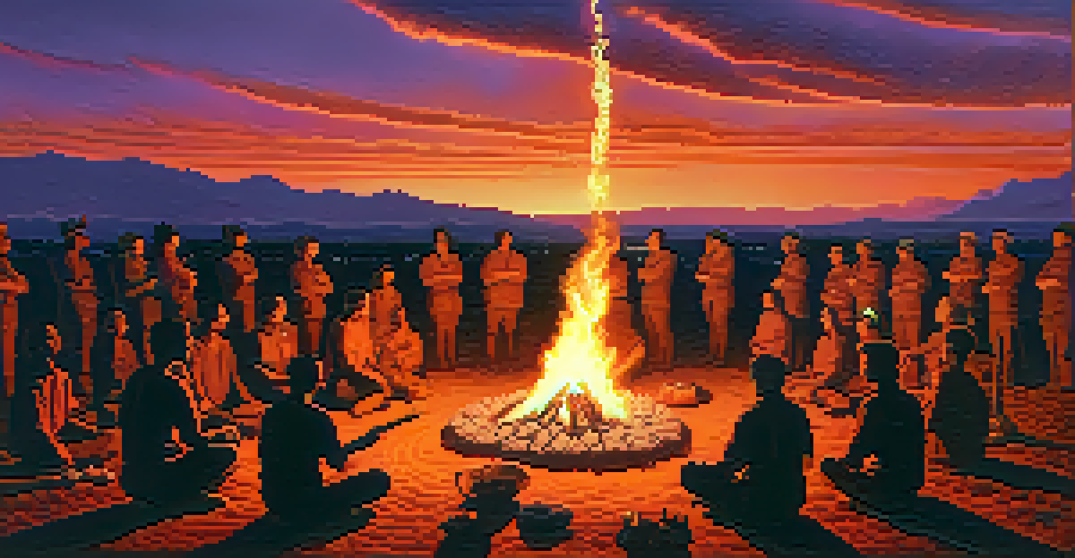 A wide shot of a Peyote ritual at sunset, with participants around a fire, silhouetted against a colorful sky.