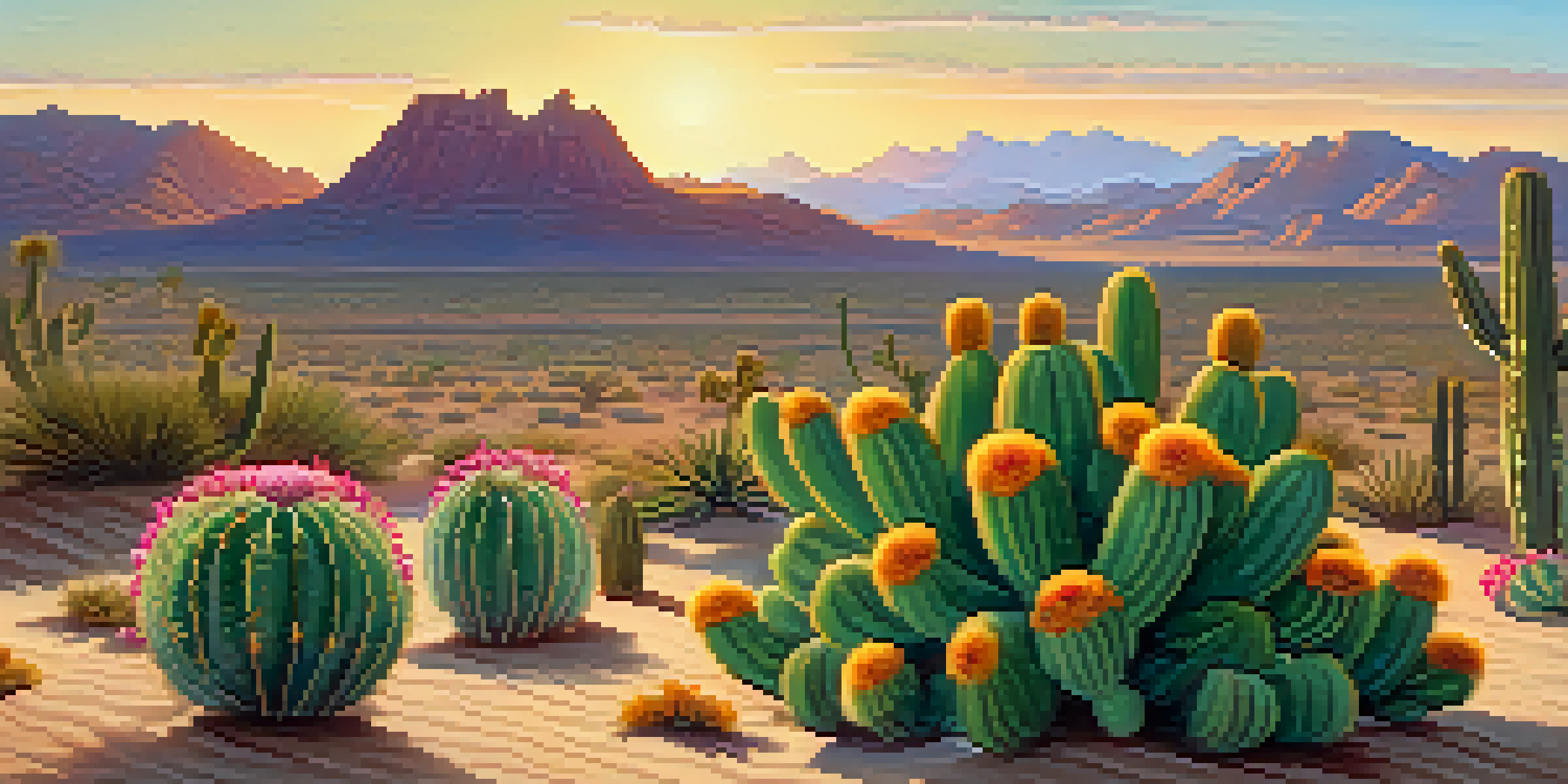 A desert scene at sunrise with green peyote cacti and colorful flowers under a golden sky.