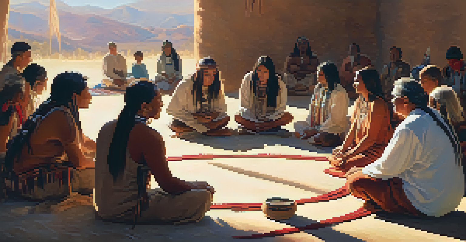 A group of people in a spiritual ceremony, sitting in a circle with traditional items and a warm atmosphere.
