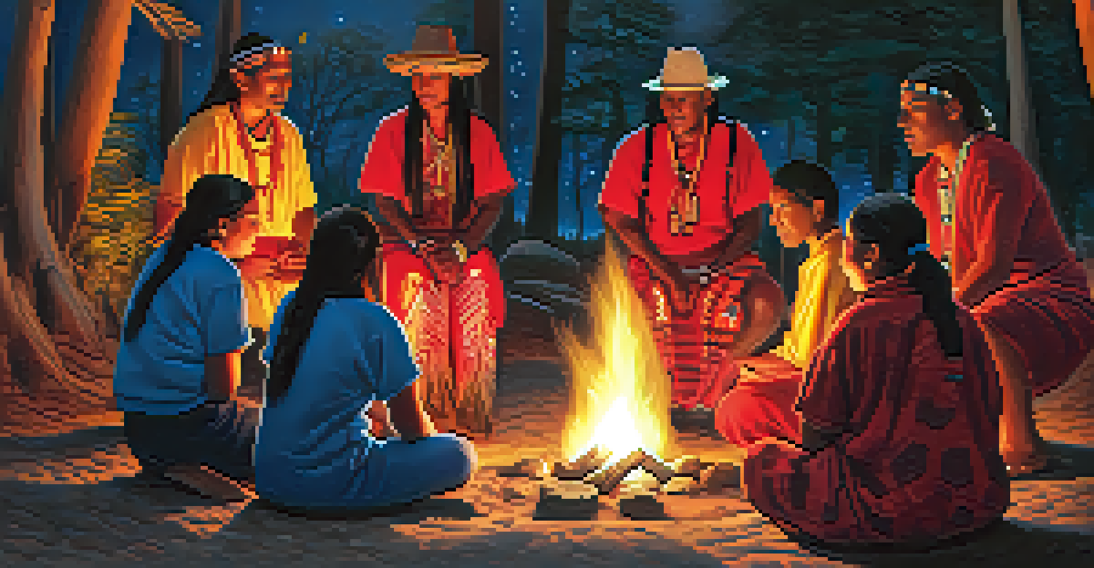 An Indigenous ceremony at night, with participants around a fire, showcasing vibrant colors and a sense of community.