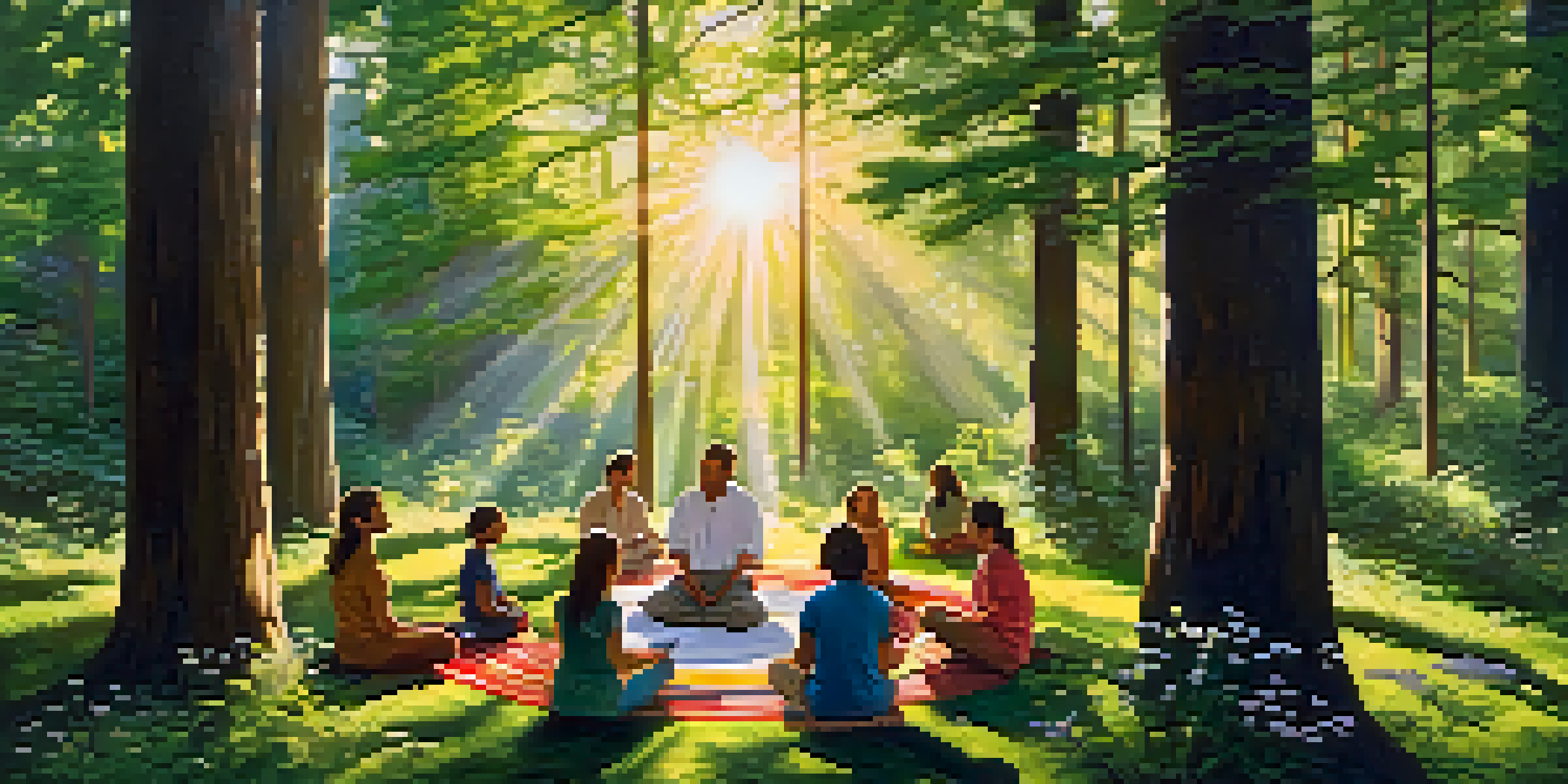 A peaceful forest setting with sunlight streaming through the trees and people meditating in a circle among wildflowers.