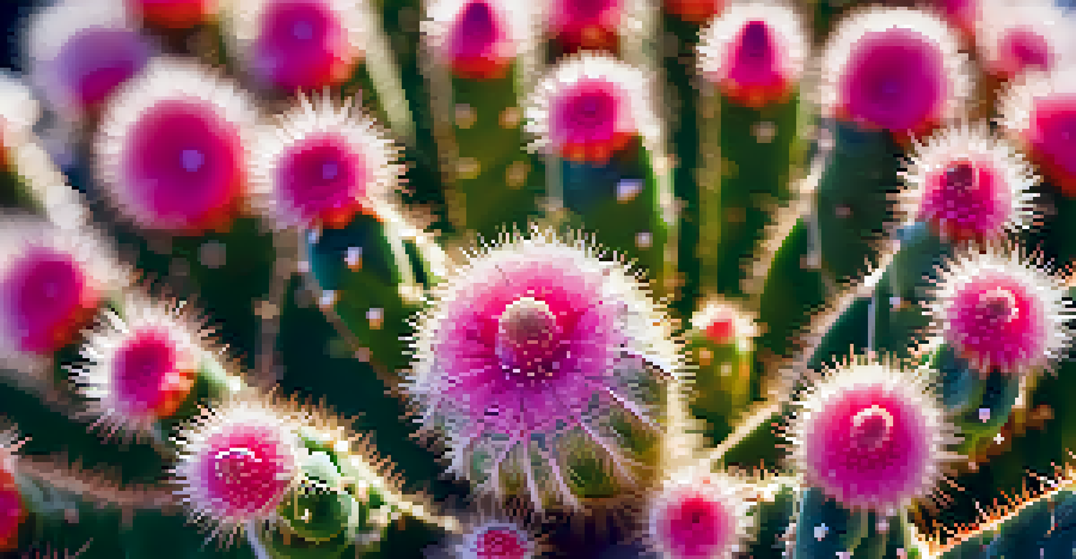Close-up of a peyote cactus showing its texture and colors, with a blurred desert background.