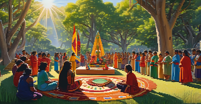 Participants in traditional attire gather around a colorful altar in a natural landscape during a peyote ceremony, with sunlight filtering through trees.