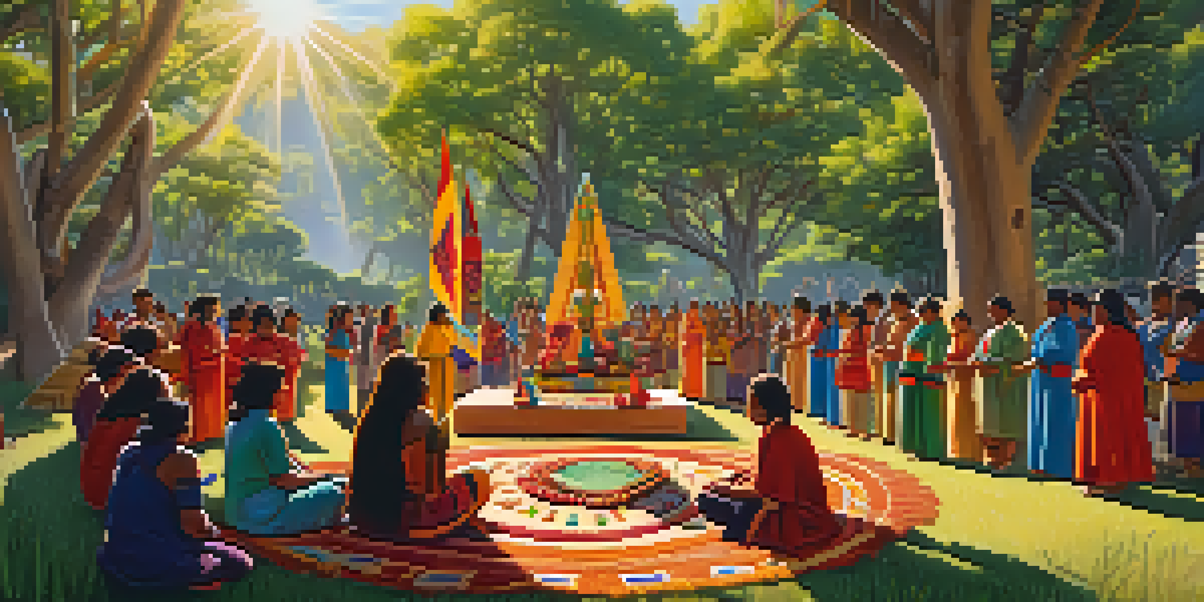 Participants in traditional attire gather around a colorful altar in a natural landscape during a peyote ceremony, with sunlight filtering through trees.