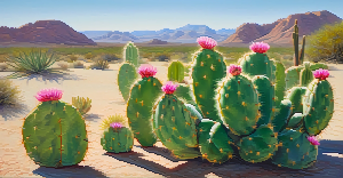A detailed close-up of a peyote cactus with colorful flowers against a blurred desert background and bright blue sky.