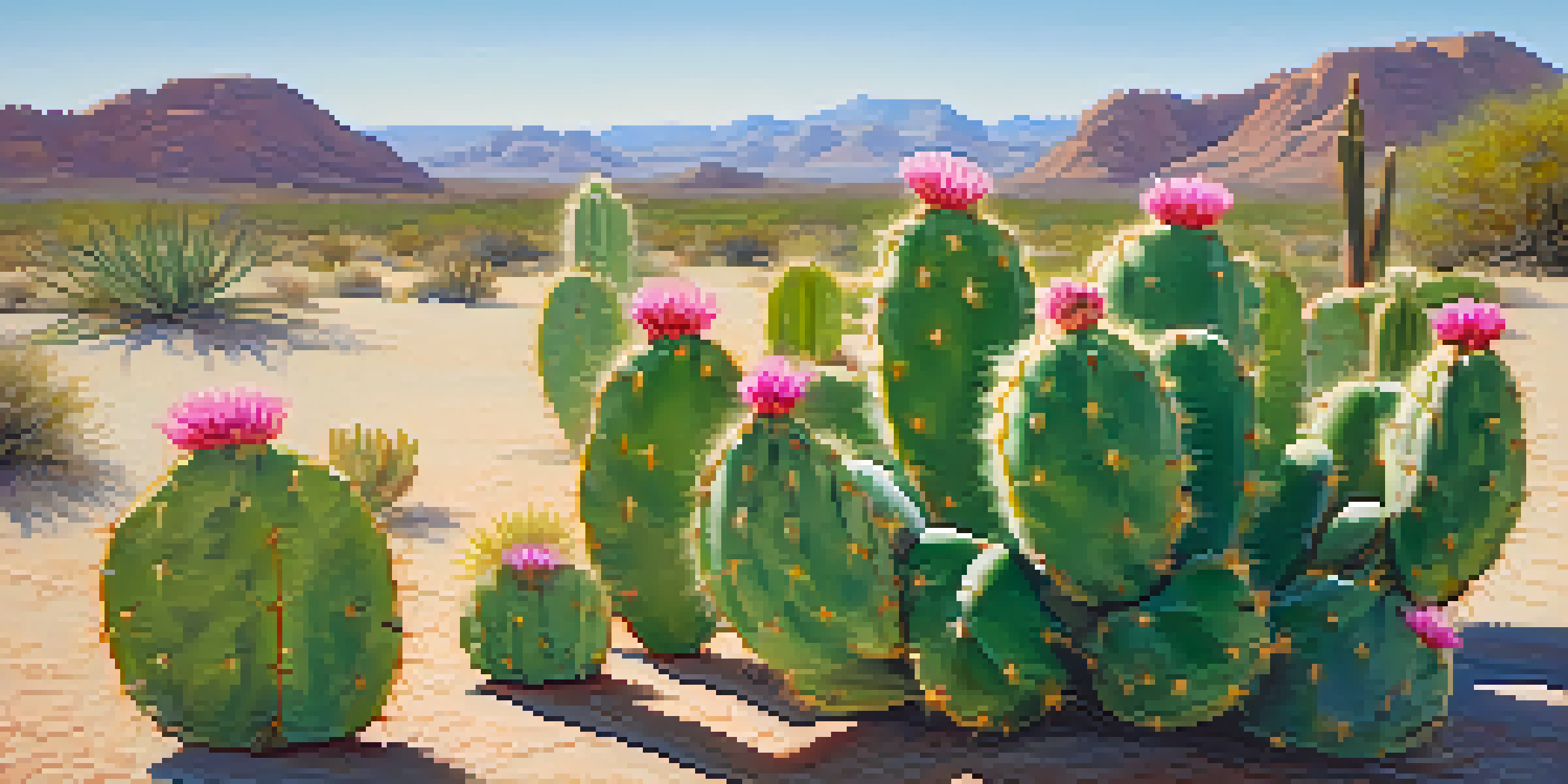 A detailed close-up of a peyote cactus with colorful flowers against a blurred desert background and bright blue sky.