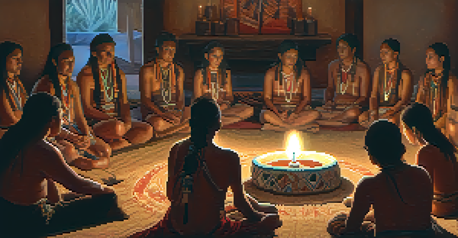 A group of Indigenous people in a circle during a peyote ceremony, with traditional items and candlelight around them.