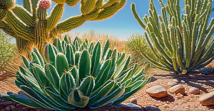 A close-up view of a peyote cactus surrounded by desert plants under a blue sky.