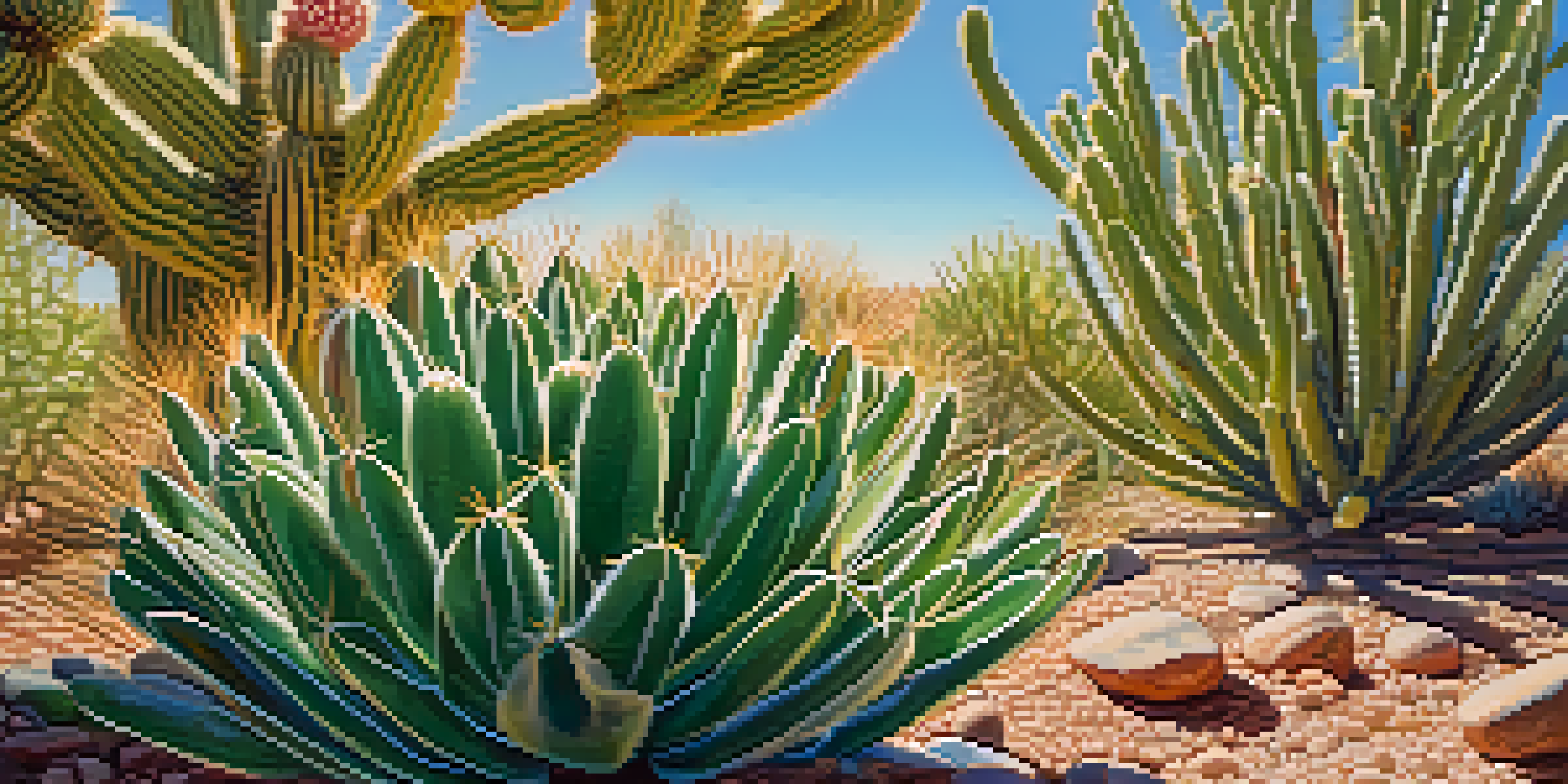 A close-up view of a peyote cactus surrounded by desert plants under a blue sky.