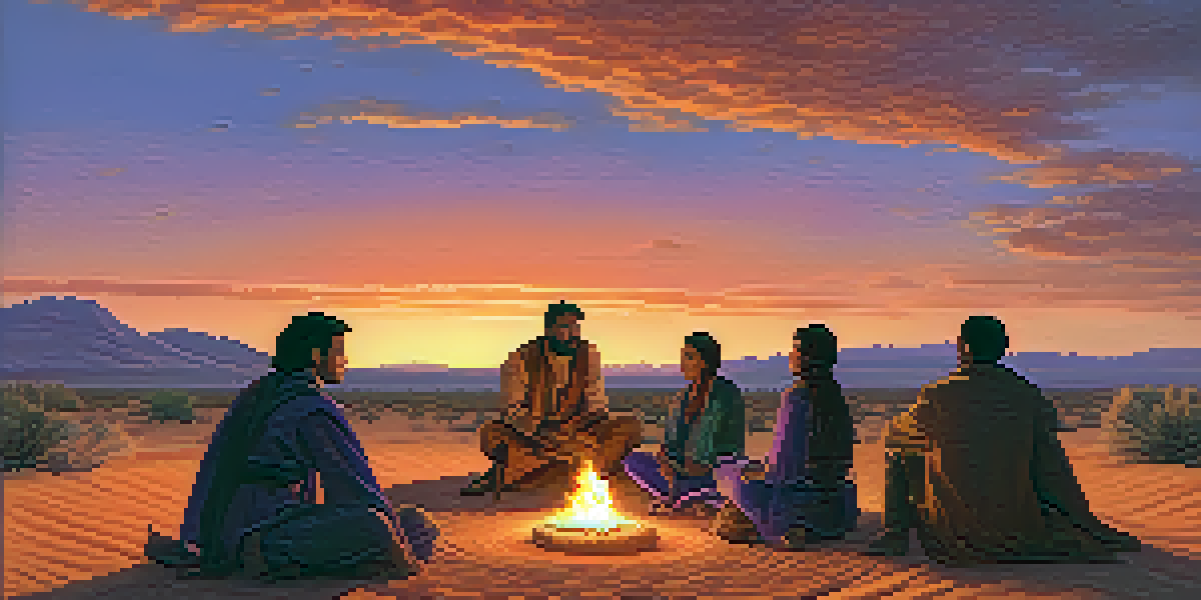 A diverse group of people sitting in a circle around a glowing fire in a desert landscape at sunset.