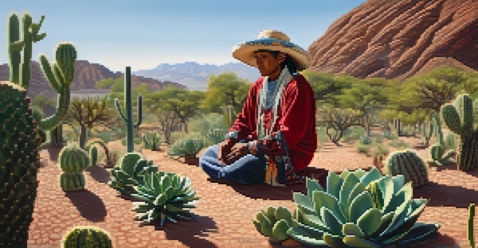 An Indigenous person harvesting peyote in a sustainable manner within a desert environment.