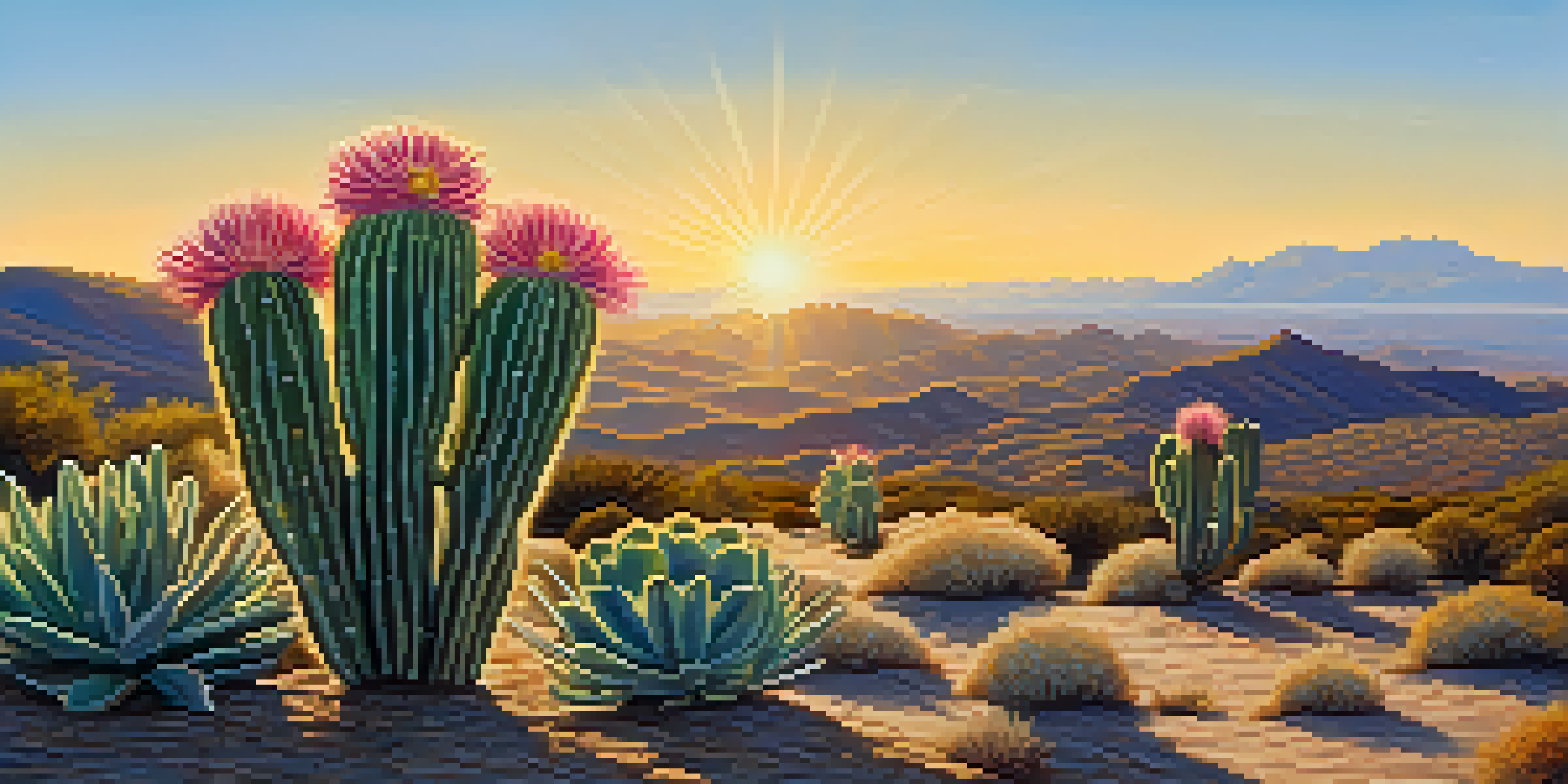 A peyote cactus bathed in warm sunlight, surrounded by a tranquil desert landscape at sunrise.