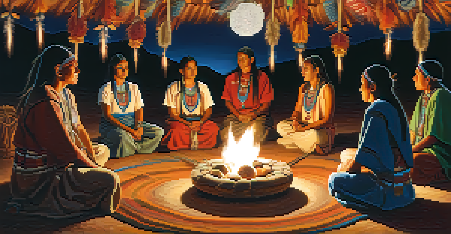 A serene Native American spiritual ceremony with participants around a fire, surrounded by traditional decorations and soft lantern light.