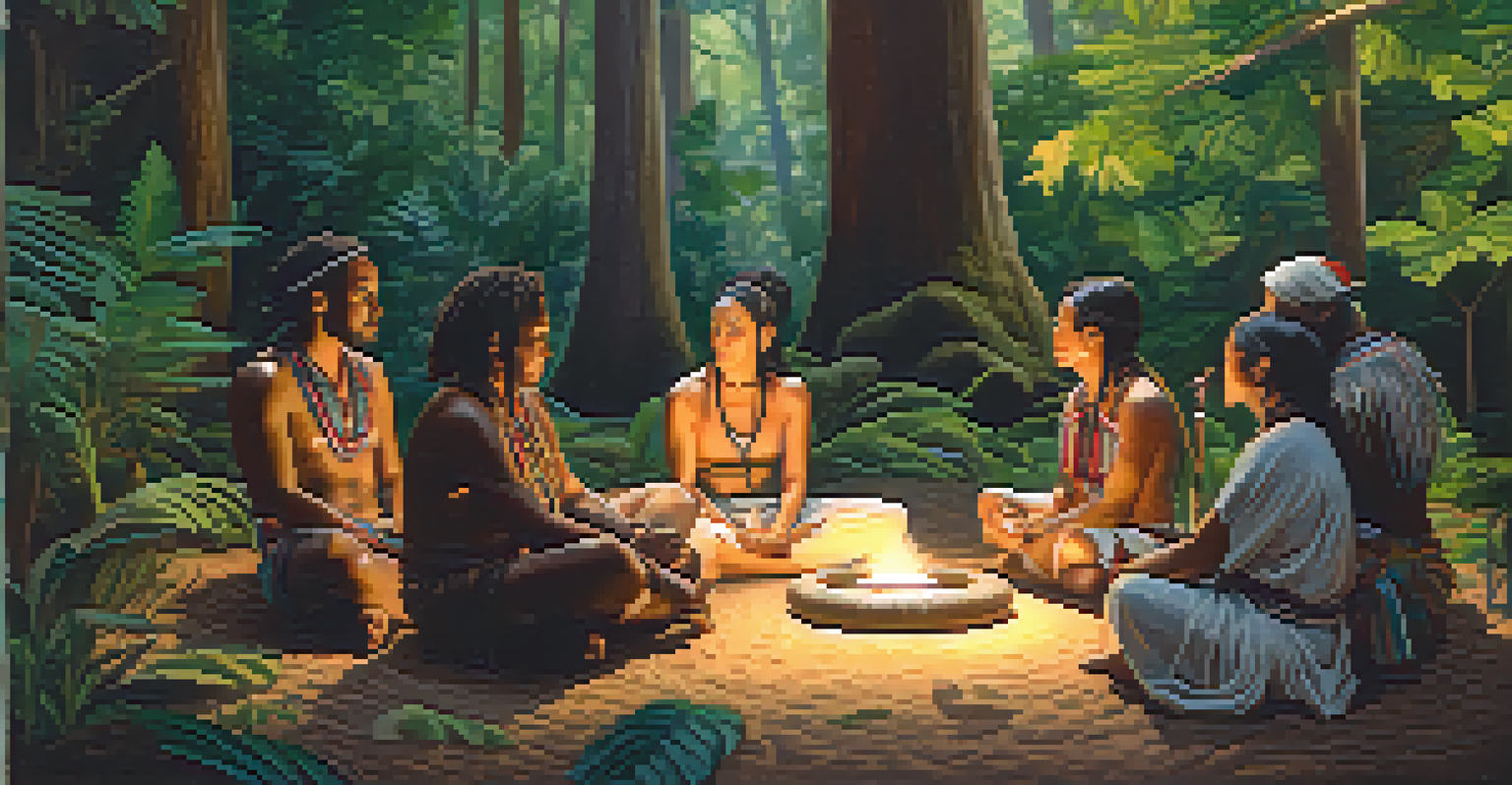 A group of people in a forest engaged in a peyote ceremony, showing connection and introspection.