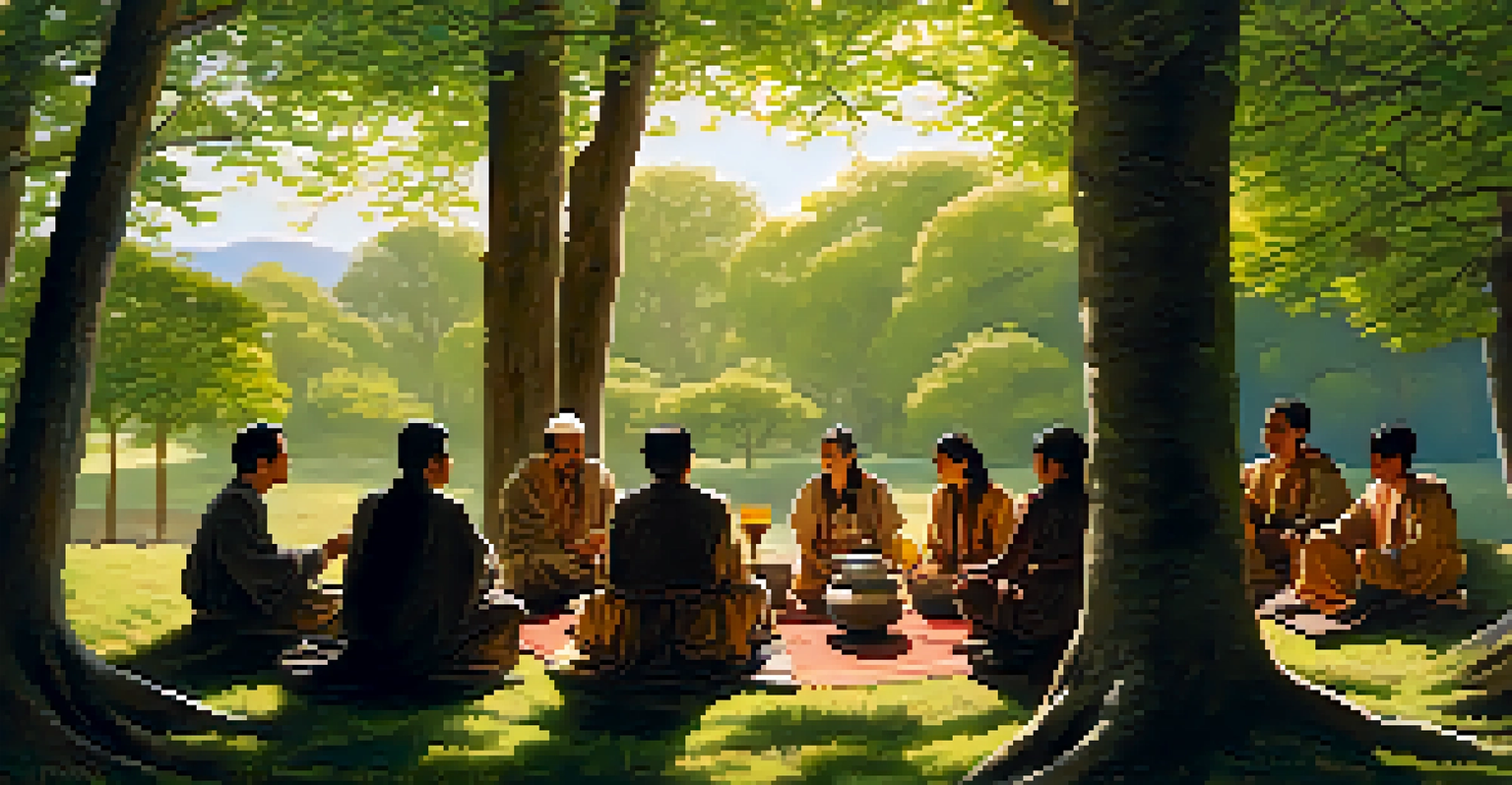 A group of people sitting in a circle in a lush outdoor setting, sharing a ceremonial brew under the dappled sunlight filtering through trees.