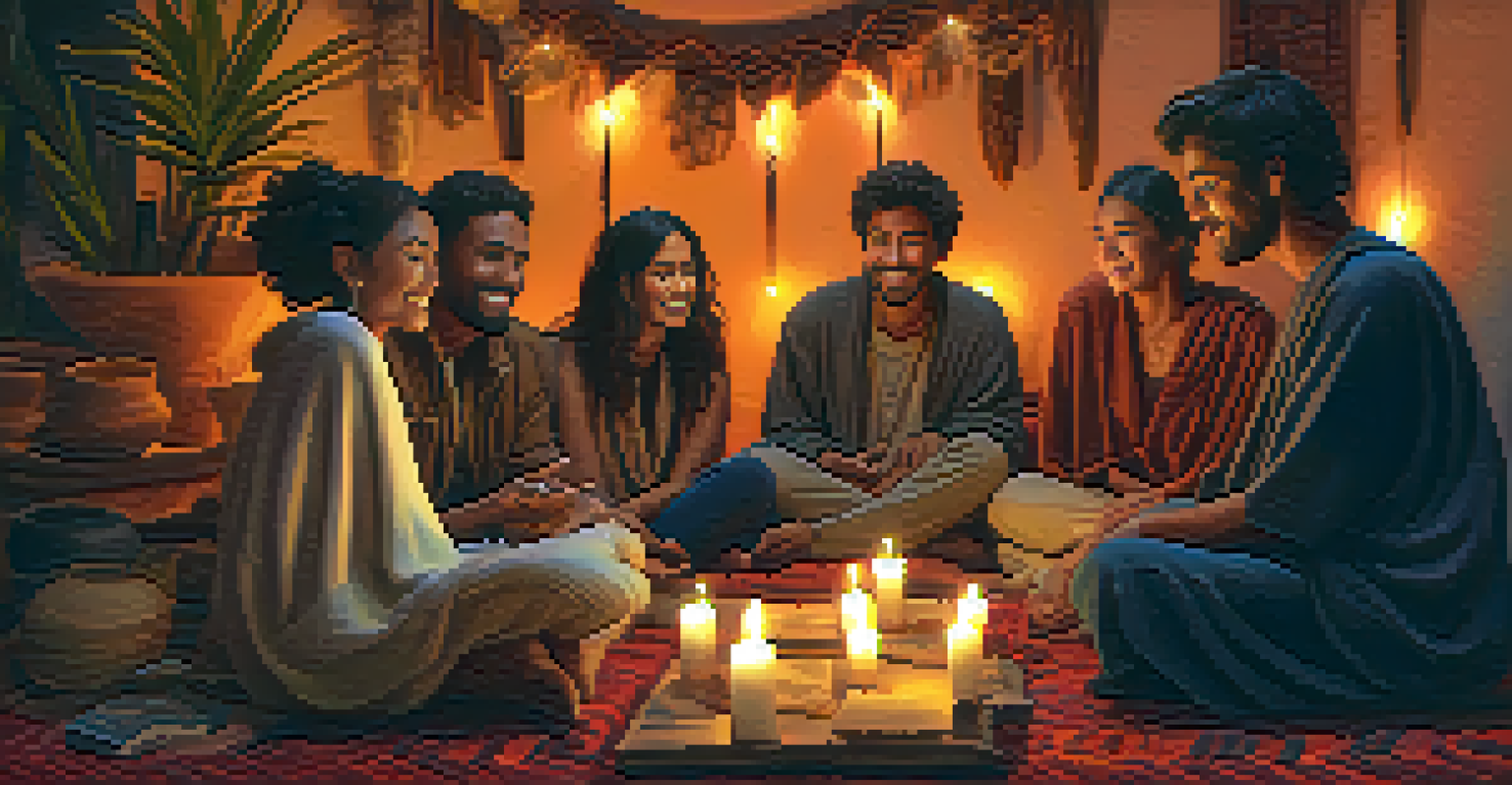 Group of friends sharing experiences after a peyote ceremony, illuminated by candlelight in a cozy indoor setting.