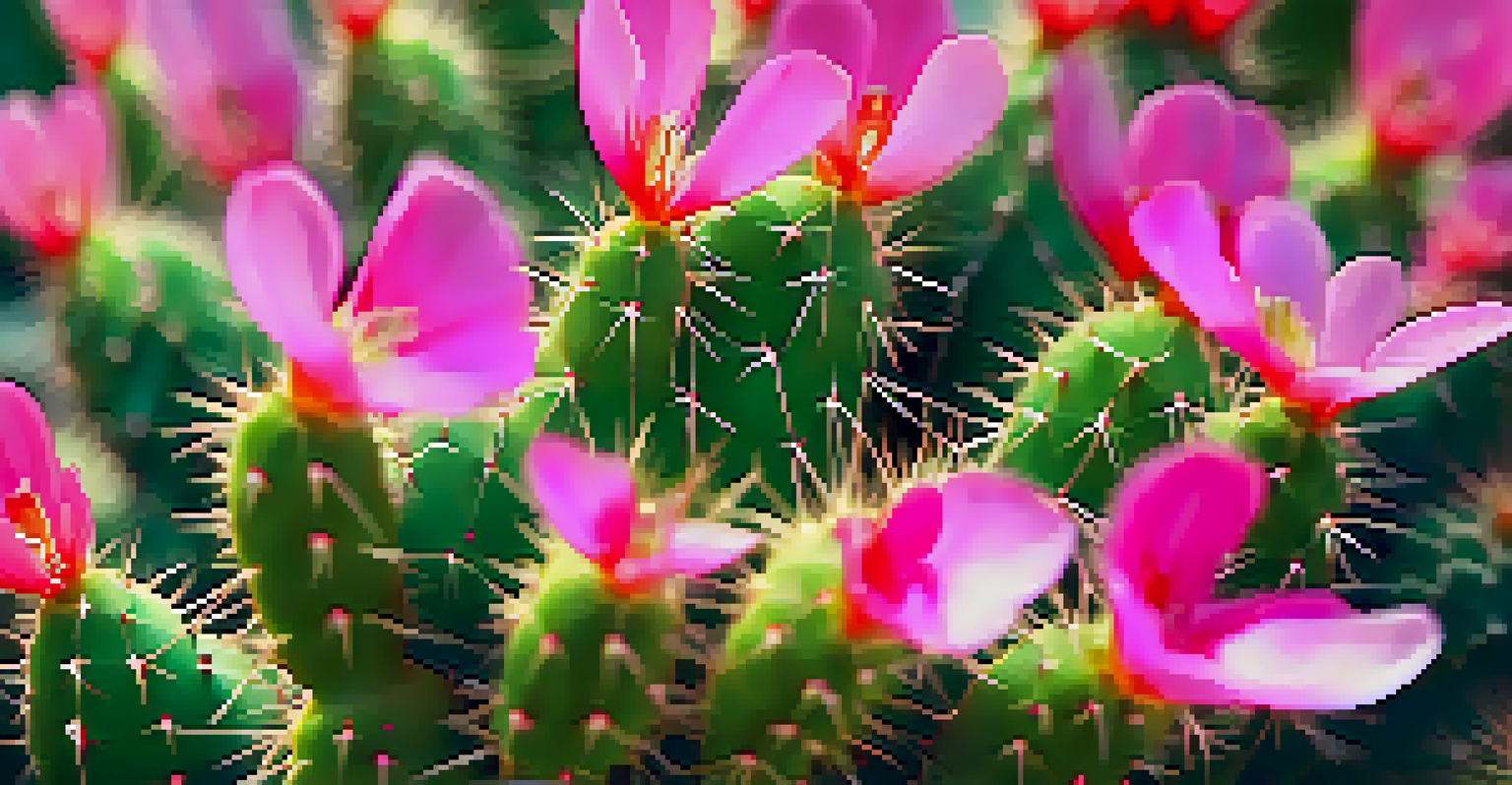 Close-up of a peyote cactus with pink flowers, showcasing its spines and textures in natural sunlight.