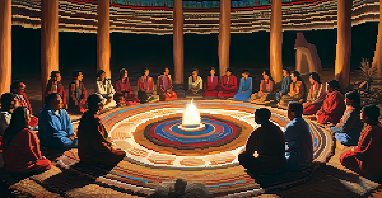 A cozy ceremonial lodge with participants engaged in a peyote ceremony, emphasizing community and tradition.