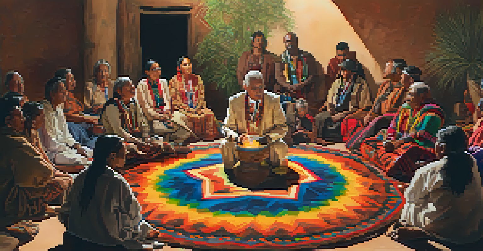 An elder Indigenous storyteller in traditional attire sharing a narrative during a Peyote ceremony, with participants gathered around in a warm-lit atmosphere.