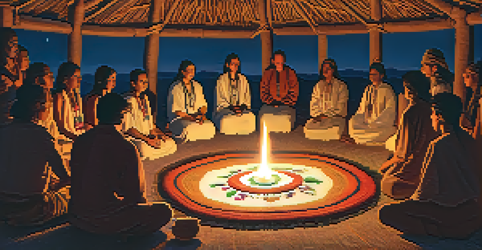 Participants in a peyote ceremony sitting in a circle, sharing intentions under warm candlelight.