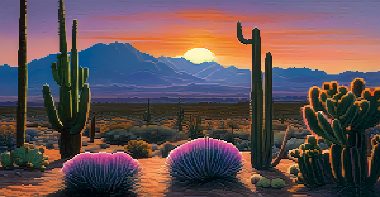 Desert landscape at dusk with peyote cacti in the foreground and a colorful sunset sky.