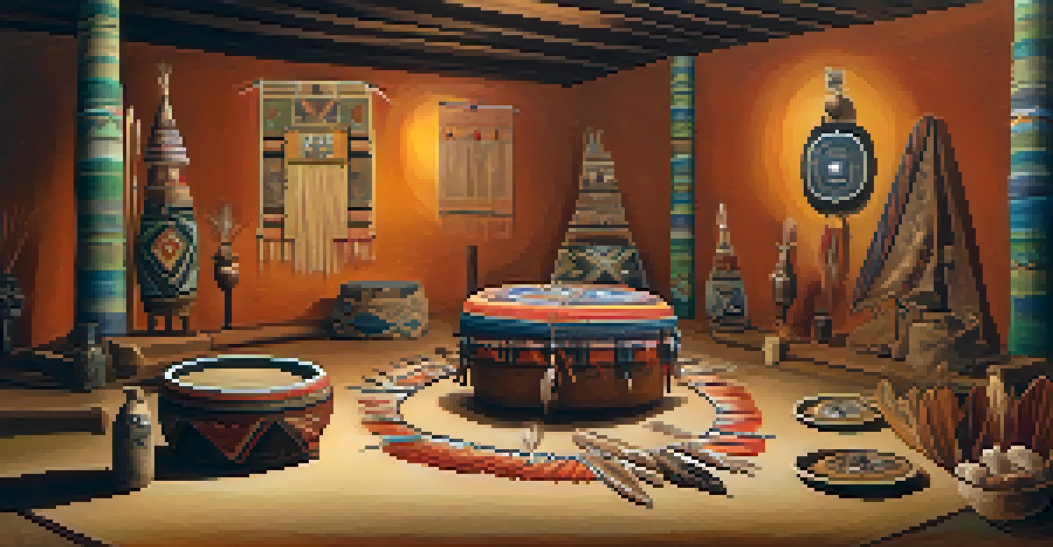 A ceremonial table with items like drums and feathers, set in a warm and inviting atmosphere that reflects the symbolism of peyote rituals.