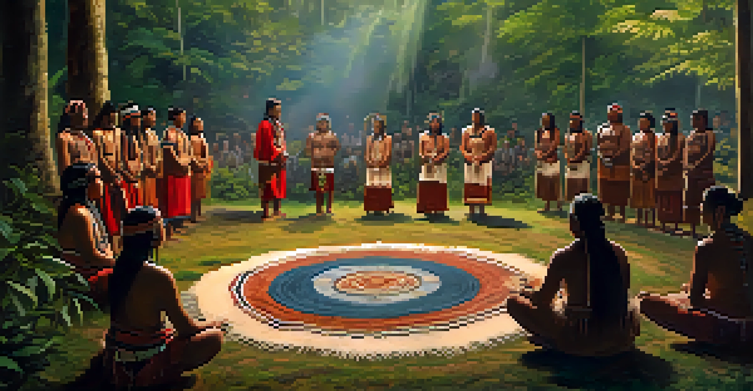 A group of Indigenous individuals in traditional attire participating in a spiritual ceremony surrounded by nature.