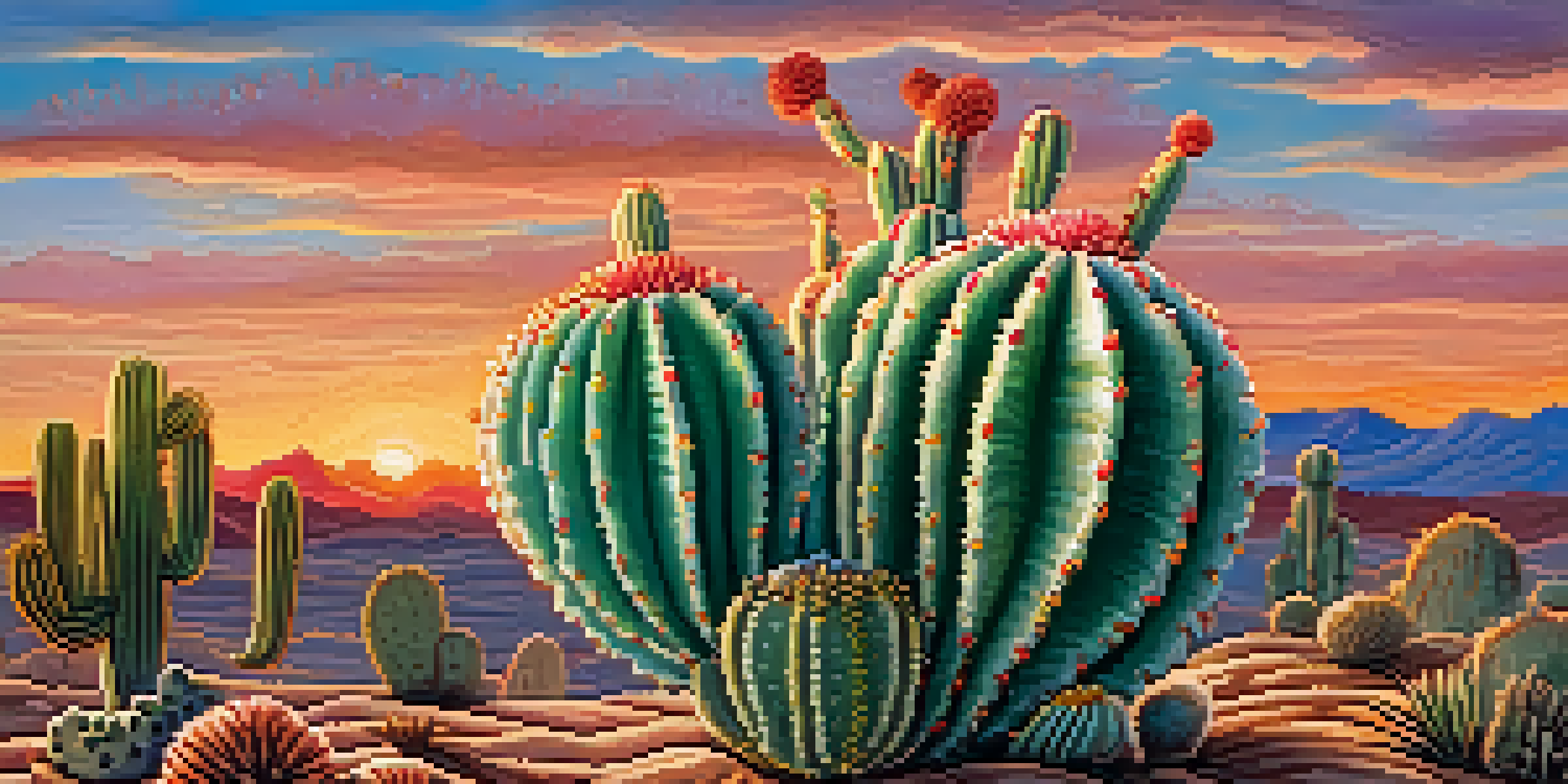A close-up view of a peyote cactus with colorful buttons against a blurred desert sunset background.