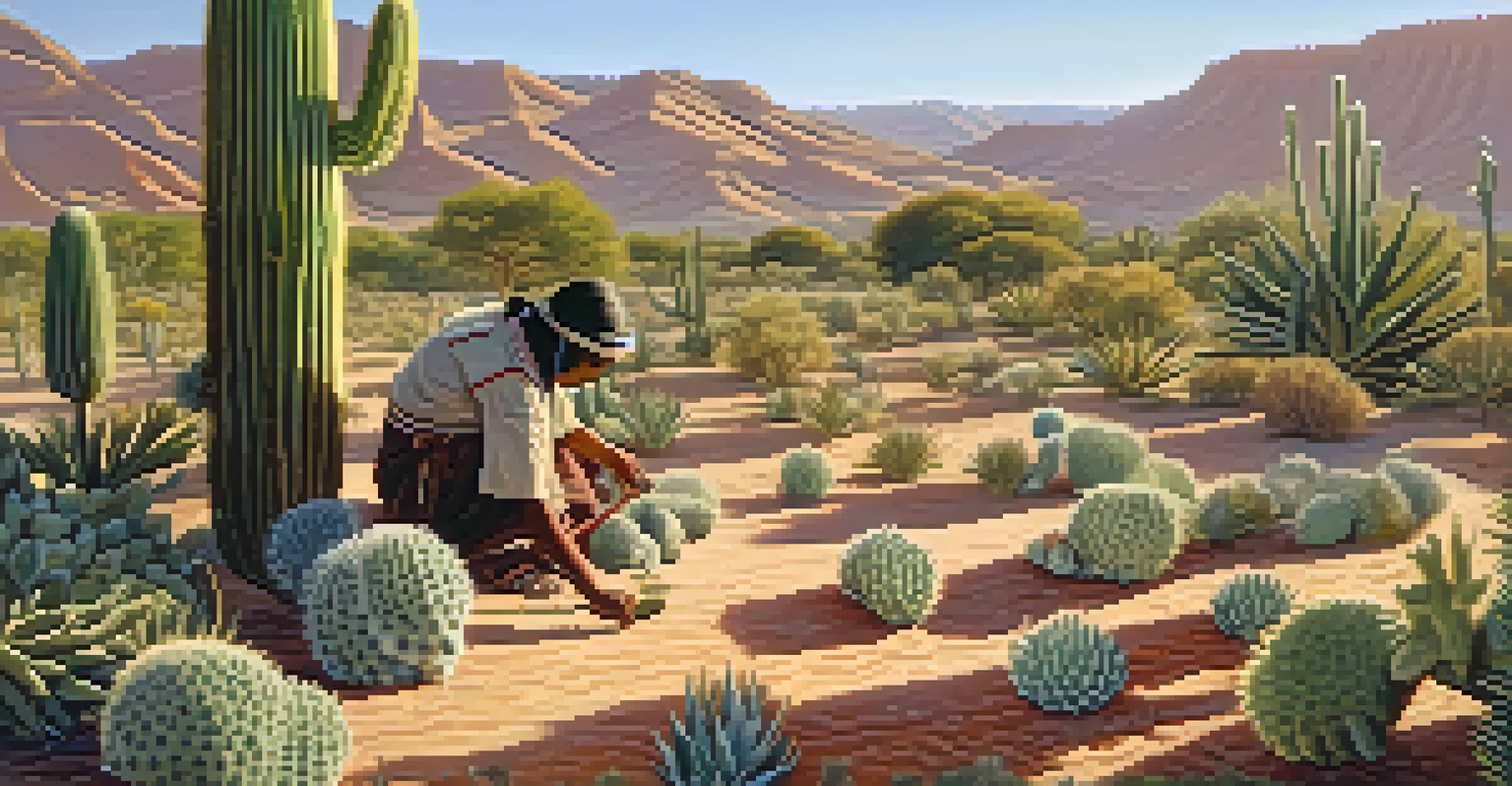 An Indigenous person harvesting peyote cacti sustainably in a natural desert environment.