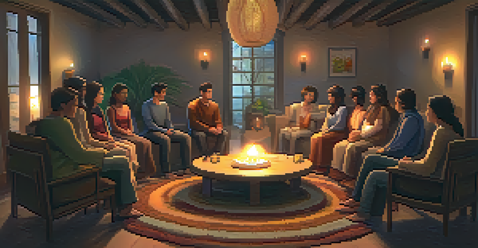 A group of people sitting in a circle sharing stories in a candle-lit room.