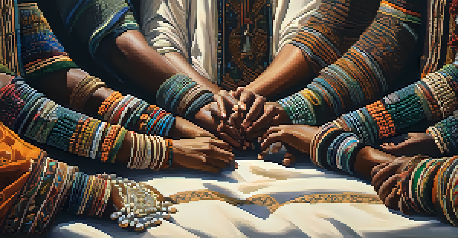 A close-up of hands in a communal gesture, symbolizing unity during a spiritual chant, with traditional attire and beadwork.