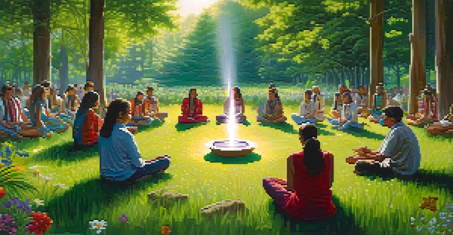 A group of people participating in a peyote ceremony in a peaceful natural environment.