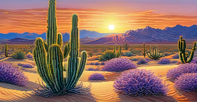 A vibrant peyote cactus in a desert landscape during sunset, showcasing warm colors and intricate details.