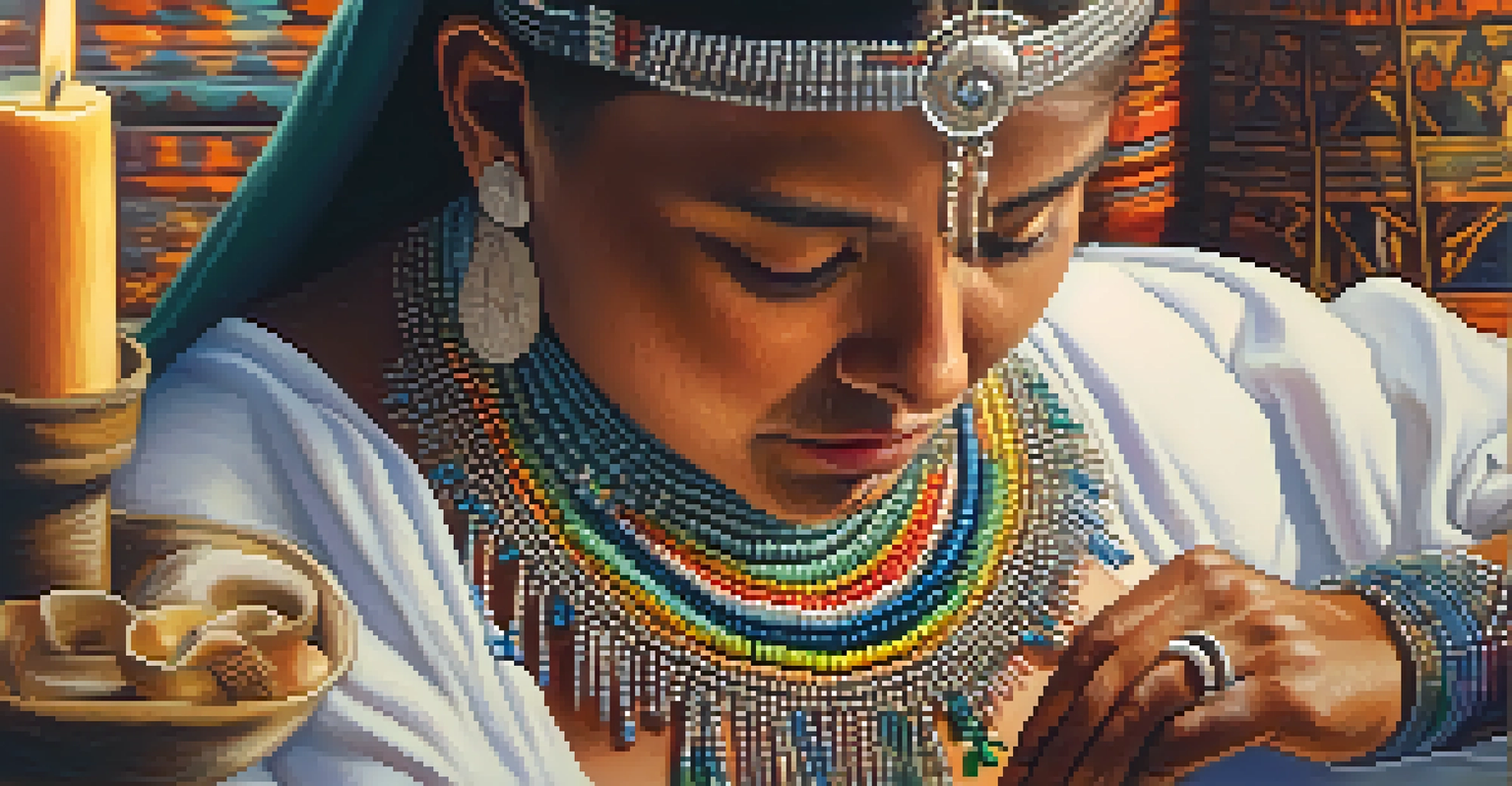 A close-up of a woman in traditional attire handling a Peyote cactus, with ceremonial elements blurred in the background.
